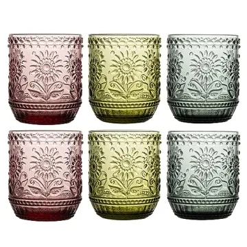 SoulTimes Vintage Glassware - Embossed Floral Drinking Glass Set - 12 OZ