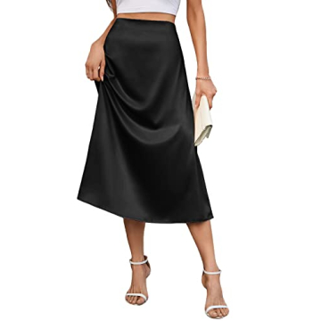 AISWI Women's 2023 Satin Midi Skirt Summer High Waist Silk A-line Swing Skirt Elegant Casual, Black,...
