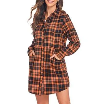 HOTOUCH Fall Flannel Women Long Sleeve Casual Classic Plaid Shirt Check Tops Blouse Orange Black M