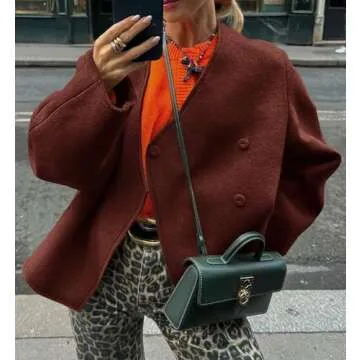 Cicy Bell Womens Cropped Wool Jackets Fall V Neck Short Pea Coats Single Breasted Outerwear Winter O...