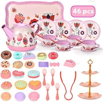 Lajeje Tea Set for Little Girls, Birthday Gift for Age 3 4 5 6 Year Old, Toddler Toys Tea Party Set for Little Girls, Princess Kids Kitchen Pretend Toy with Tin Tea Set, Desserts & Carrying Case