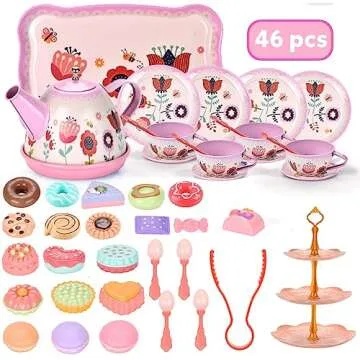 Lajeje Tea Set for Little Girls, Birthday Gift for Age 3 4 5 6 Year Old, Toddler Toys Tea Party Set for Little Girls, Princess Kids Kitchen Pretend Toy with Tin Tea Set, Desserts & Carrying Case