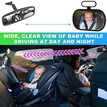 JoyDow Baby Car Mirror with Night Light, Safety Rear Facing Car Seat Mirror for Infant Newborn, Wide Crystal Clear View 360° Adjustable, Crash Tested & Shatterproof, Soft Night Light