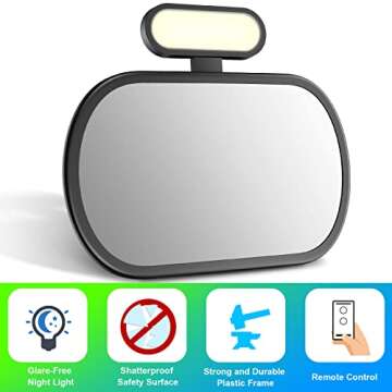 JoyDow Baby Car Mirror with Night Light, Safety Rear Facing Car Seat Mirror for Infant Newborn, Wide Crystal Clear View 360° Adjustable, Crash Tested & Shatterproof, Soft Night Light