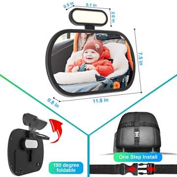 JoyDow Baby Car Mirror with Night Light, Safety Rear Facing Car Seat Mirror for Infant Newborn, Wide Crystal Clear View 360° Adjustable, Crash Tested & Shatterproof, Soft Night Light