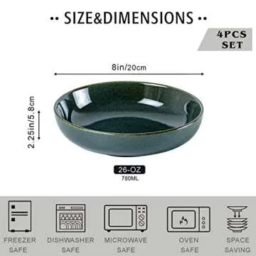 UNICASA Ceramic Pasta and Salad Bowls Set of 4, 26 oz Reactive Glaze Dish Bowls, Microwave and Dishw...