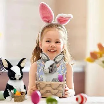 HO-EF Easter Bunny Stuffed Animal, 12" Stuffed Bunny with Floppy Ears & Holding Basket, Machine Washable& Softness, Rabbit Toys for Girls Boys Kids Babies Great Easter Gifts Decorations(Brown)