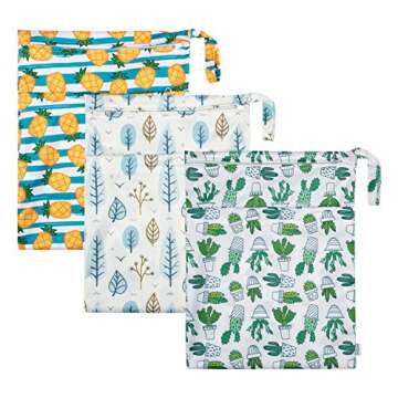 babygoal Wet Dry Bags for Baby Cloth Diapers, Washable Travel Bags, Beach, Pool, Gym Bag for Swimsuits & Wet Clothes with Two Zippered Pockets 3 Pack, 3LN05