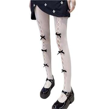 SOLILOQUY Women's Lolita Patterned Tights Feather Cuffs Kawaii Fishnet Stockings Leggings Mesh Pantyhose Hollow Out lace Socks (White Black, One Size)