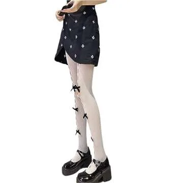 SOLILOQUY Women's Lolita Patterned Tights Feather Cuffs Kawaii Fishnet Stockings Leggings Mesh Pantyhose Hollow Out lace Socks (White Black, One Size)