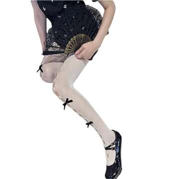 SOLILOQUY Women's Lolita Patterned Tights Feather Cuffs Kawaii Fishnet Stockings Leggings Mesh Pantyhose Hollow Out lace Socks (White Black, One Size)