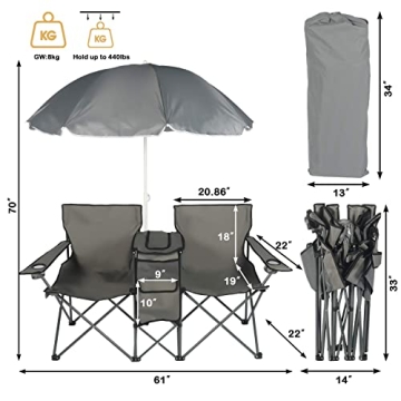DOALBUN Double Camping Chair with Umbrella & Cooler Bag