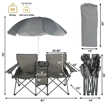 DOALBUN Double Camping Chair with Umbrella & Cooler Bag