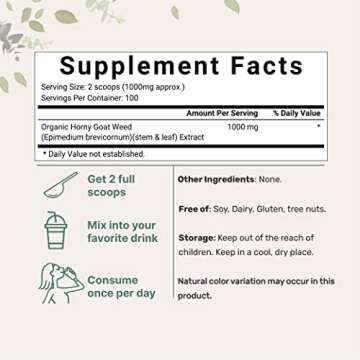 Maximum Strength Organic Pure Horny Goat Weed with Active Icariins for Men and Women, 100 Grams, Org...