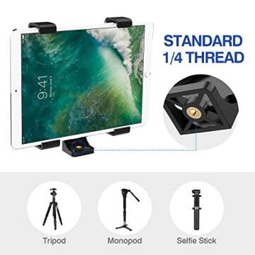 MoKo Tablet Stand, Adjustable Tablet Tripod Mount Adapter, Tablet Clamp Holder for 7-11" Tablet Fits iPad Air 3rd iPad Mini 5/4, iPad 10.2 10th 2022, iPad Pro 11,Tab E 9.6 - Black(Tripod Not Included)