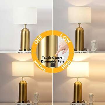 MoMyofdy Gold Lamps Set of 2 Touch Control 3-Way Dimmable Bedside Nightstand Lamps Bedroom Lamps Mod...