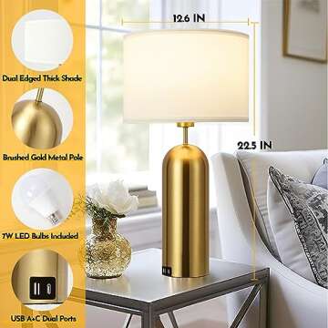 MoMyofdy Gold Lamps Set of 2 Touch Control 3-Way Dimmable Bedside Nightstand Lamps Bedroom Lamps Modern White& Gold Table Lamp with USB Type C Ports Tall Lamps for Living Room End Table Home Office