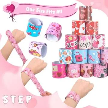 LovesTown 48PCS Valentines Day Slap Bracelets, Red Slap Wristbands Assorted Valentine Snap Bracelets for Kids Gift Exchange Valentine Party Favors