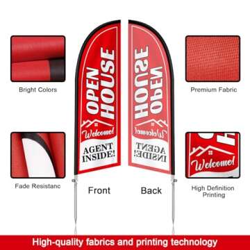 QSUM Open House Signs for Real Estate Agents, Open House Flag with Pole Kit/Ground Stake, Windless Opening Signs Banner for Business (Red)