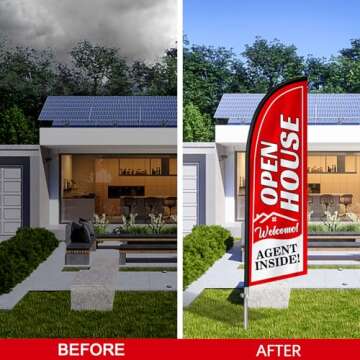 QSUM Open House Signs for Real Estate Agents, Open House Flag with Pole Kit/Ground Stake, Windless Opening Signs Banner for Business (Red)