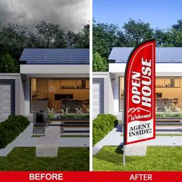 QSUM Open House Signs for Real Estate Agents, Open House Flag with Pole Kit/Ground Stake, Windless Opening Signs Banner for Business (Red)