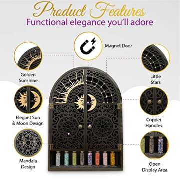 Sun and Moon Shelf & Crystal Display Case - Wall Hanging Crystal Display Shelf for Stones, Nail Poli...