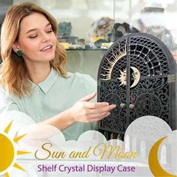 Sun and Moon Shelf & Crystal Display Case - Wall Hanging Crystal Display Shelf for Stones, Nail Polish, & Essential Oil Storage - Crystal Holder for Stones Display - Crystal Shelf Crystal Cabinet