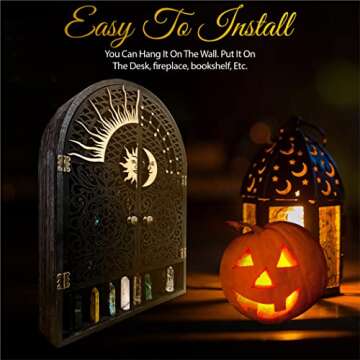 Sun and Moon Shelf & Crystal Display Case - Wall Hanging Crystal Display Shelf for Stones, Nail Polish, & Essential Oil Storage - Crystal Holder for Stones Display - Crystal Shelf Crystal Cabinet