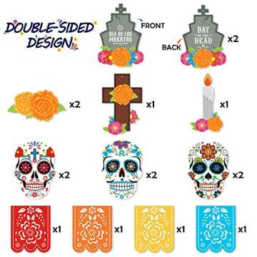 Day of the Dead Hanging Swirl Decorations 30 Ct Día de los Muertos Hanging Ceiling Spirals Decor Sugar Skull Papel Picado Marigold Flowers Cutouts for Mexican Birthday Wedding Halloween Party Supplies