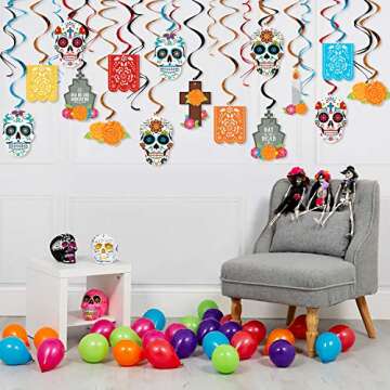 Day of the Dead Hanging Swirl Decorations 30 Ct Día de los Muertos Hanging Ceiling Spirals Decor Sugar Skull Papel Picado Marigold Flowers Cutouts for Mexican Birthday Wedding Halloween Party Supplies