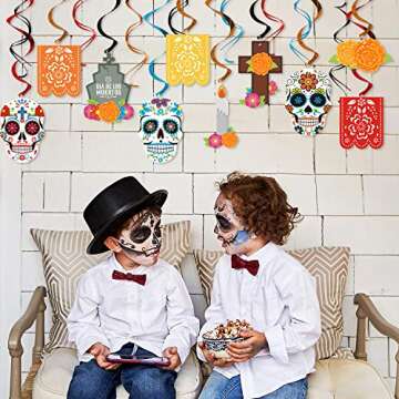Day of the Dead Hanging Swirl Decorations 30 Ct Día de los Muertos Hanging Ceiling Spirals Decor Sugar Skull Papel Picado Marigold Flowers Cutouts for Mexican Birthday Wedding Halloween Party Supplies