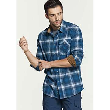 CQR Men's All Cotton Flannel Shirt, Long Sleeve Casual Button Down Plaid Shirt, Brushed Soft Outdoor Tactical Work Shirts, Plaid Deep Ocean, Large