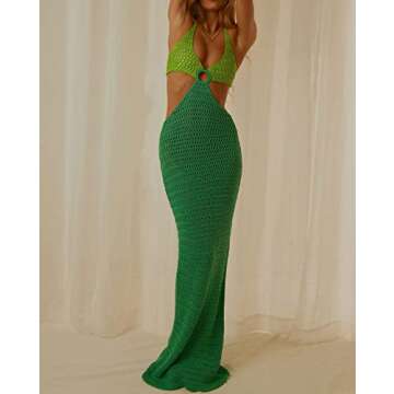 ROAONOCOMO Women Crochet Knit Maxi Dresses Y2K Hollow Out Long Dresses Halter Neck Bodycon Dress Retro Party Dress Clubwear A-Green