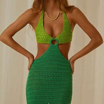 ROAONOCOMO Women Crochet Knit Maxi Dresses Y2K Hollow Out Long Dresses Halter Neck Bodycon Dress Retro Party Dress Clubwear A-Green