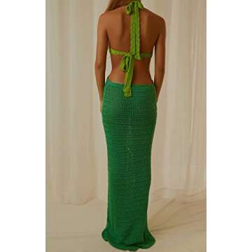 ROAONOCOMO Women Crochet Knit Maxi Dresses Y2K Hollow Out Long Dresses Halter Neck Bodycon Dress Retro Party Dress Clubwear A-Green