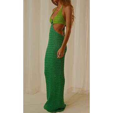 ROAONOCOMO Women Crochet Knit Maxi Dresses Y2K Hollow Out Long Dresses Halter Neck Bodycon Dress Retro Party Dress Clubwear A-Green