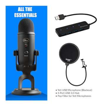Blue Microphone Yeti USB Microphone (Blackout) Bundle with Studio Pop Filter and 4-Port USB 3.0 Hub Bundle- Blue Yeti Mic is ideal for Recording, Computer Gaming, Streaming, and Podcasts (3 Items)