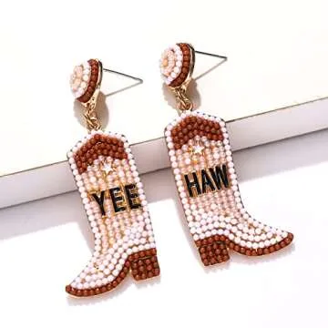 Beaded Cowboy Boot Earrings Western Cowgirl Boot Drop Dangle Earrings for Women Boho Handmade West Shoes Earrings Bachelorette Party Jewelry Gifts (White YEEHAW)