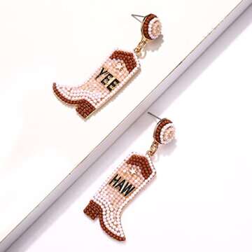 Beaded Cowboy Boot Earrings Western Cowgirl Boot Drop Dangle Earrings for Women Boho Handmade West Shoes Earrings Bachelorette Party Jewelry Gifts (White YEEHAW)