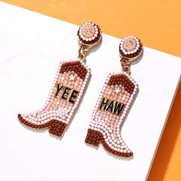 Beaded Cowboy Boot Earrings Western Cowgirl Boot Drop Dangle Earrings for Women Boho Handmade West Shoes Earrings Bachelorette Party Jewelry Gifts (White YEEHAW)