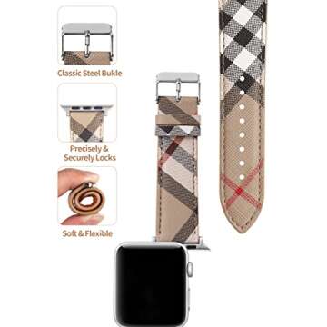 Designer Band Compatible with Apple Watch 41mm 40mm 38mm, Luxury Beige Plaid Elements Soft Leather i...