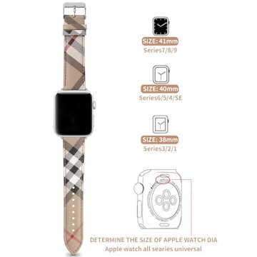 Designer Band Compatible with Apple Watch 41mm 40mm 38mm, Luxury Beige Plaid Elements Soft Leather iWatch Band with Classic Firmly Buckle for iWatch Series9/8/7/6/5/4/3/2/1/SE for Women/Man