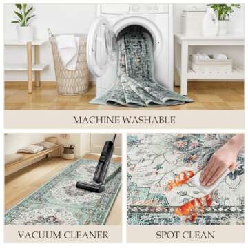 RELEANY Area Rugs 8'x10' Washable Non-Slip, Floral Vintage Distress Print Pattern Medallion Carpet for Living Room Bedroom Dining Room, Green Teal Colorful