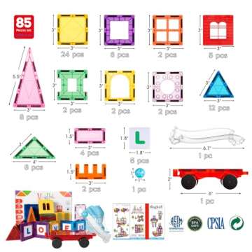 MagHub Magnetic Tiles 85 PCS Magnetic Blocks for Kids, 3D Magnetic Building Blocks, Magnetic Stackin...