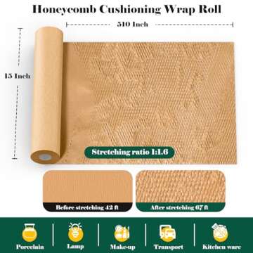 Honeycomb Packing Paper, 15"x510" Sustainable Alternative to Bubble Wrap for Moving/Shipping/Wrappin...