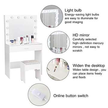 Riforla Vanity Set with Lighted Mirror, Makeup Vanity Dressing Table Dresser Desk with Large Drawer for Bedroom, White Bedroom Furniture(12 Cool LED Bulbs)