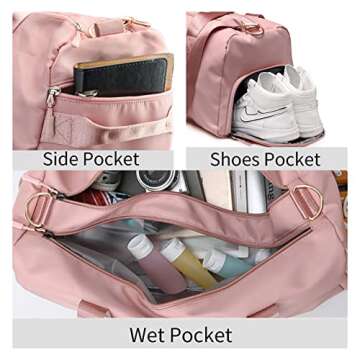 Sports Gym Bag Travel Duffel Bag for Women and Men Waterproof Weekender Overnight Tote Carry On Bag with Shoes Compartment & Wet Pocket Lightweight Adjustable Strap - Pink