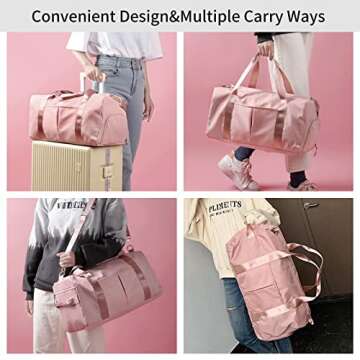 Sports Gym Bag Travel Duffel Bag for Women and Men Waterproof Weekender Overnight Tote Carry On Bag with Shoes Compartment & Wet Pocket Lightweight Adjustable Strap - Pink