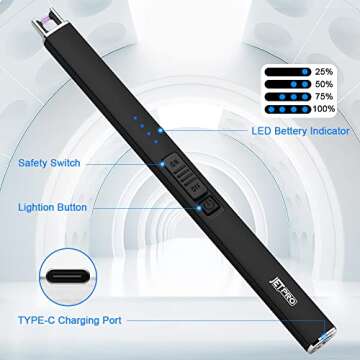 JETPRO Electric Arc Windproof Lighter Flameless USB Rechargeable Lighter with Safety Lock for Candle BBQ Camping (Black)