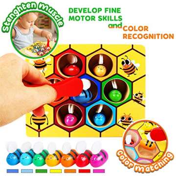 CozyBomB™ Clamp Bee to Hive Matching Game Toddler Fine Motor Skill Toy Montessori Toy Wooden Color Sorting Preschool Learning Educational Gifts Toys for 2 3 4 Years Old Birthdays Christmas Holidays